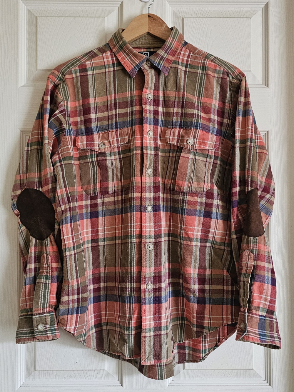 Polo by Ralph Lauren Men's Large Plaid Flannel Button-Down Shirt with ElbowPatch